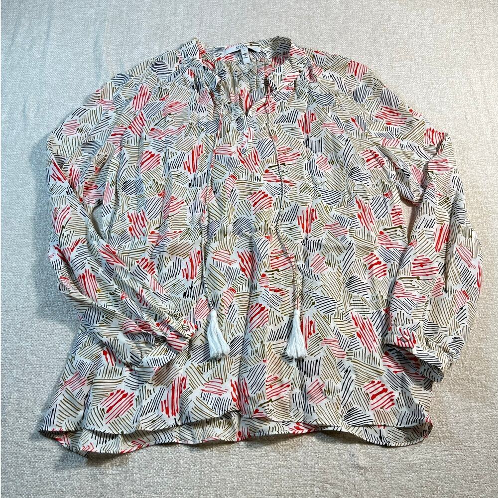 Derek Lam Women’s 10 White Tan Geometric Silk Pop-Over Blouse Long Sleeve Office